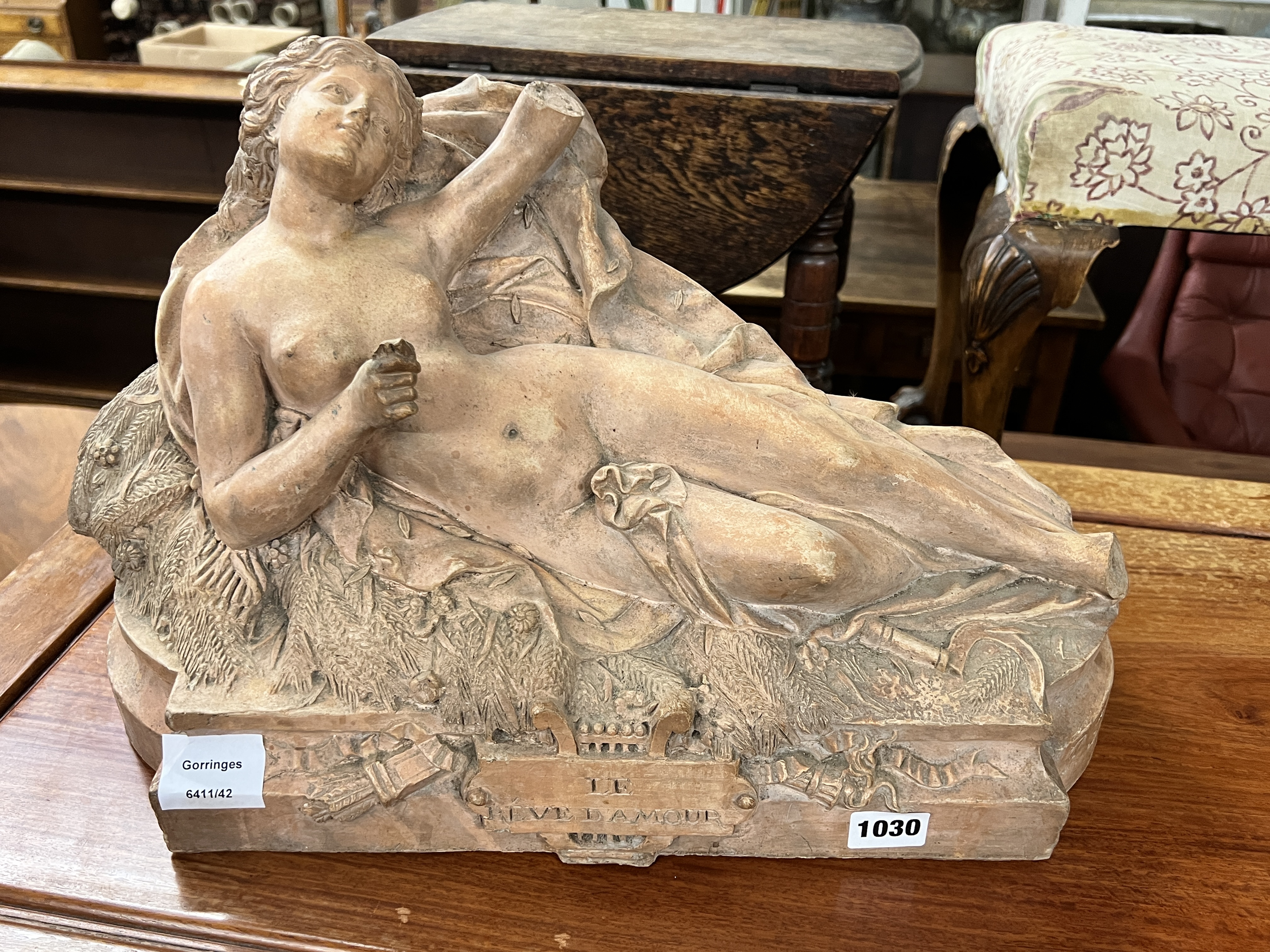 After the antique. A terracotta sculpture 'Le Reve D'Amour', width 48cm, height 29cm